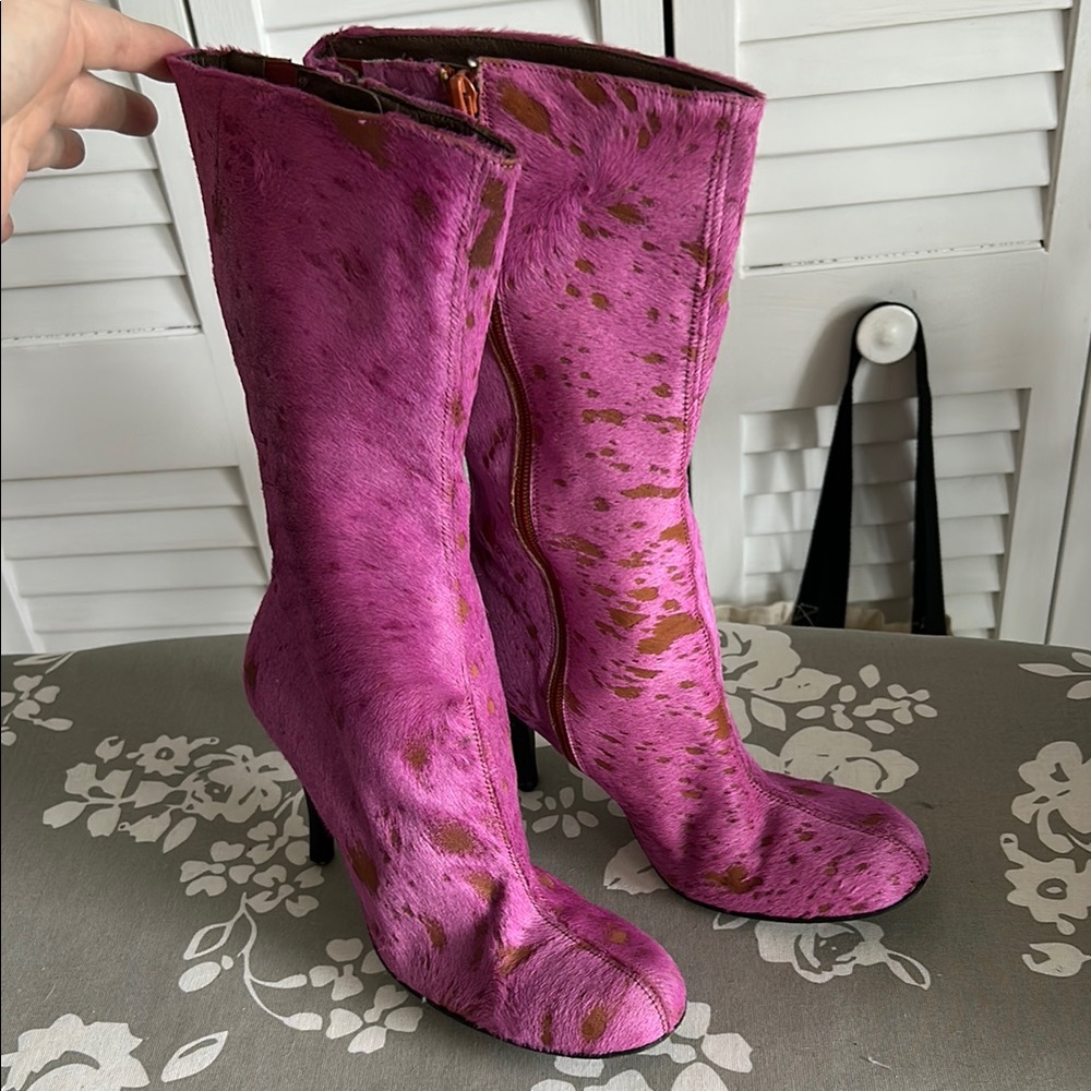 Paloma Barcelo Pink and Brown Pony Heeled Boots